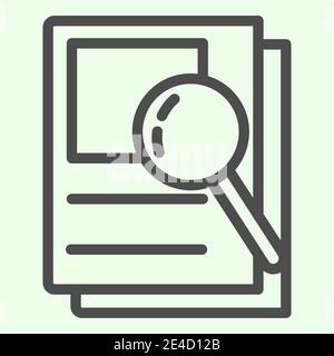 Document search line icon. Audit Files and loupe on papers outline style pictogram on white background. Magnifying glass over documents for mobile Stock Vector