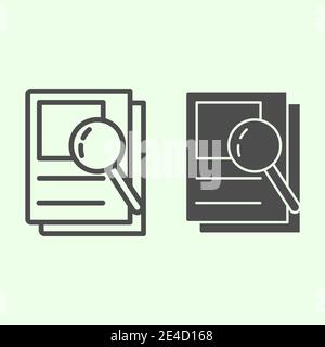 Document search line and solid icon. Audit Files and loupe on papers outline style pictogram on white background. Magnifying glass over documents for Stock Vector