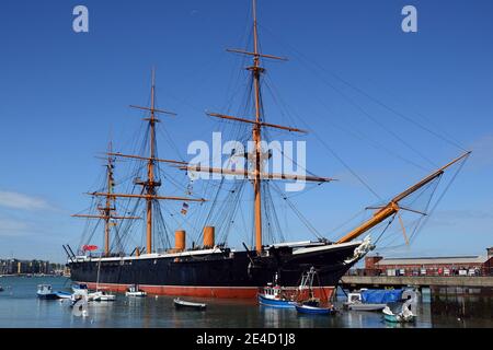 HMS Warrior docked just outside of the historic dockyard in Portsmouth, England. 2015 Stock Photo