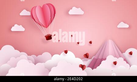 Paper cut art and digital craft style of love and valentine concept. Origami of hot air balloon flying over sky and cloud with floating hearts. Stock Vector