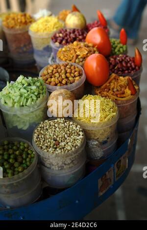 Ingredients for Indian snacks at a roadside vendor. Stock Photo