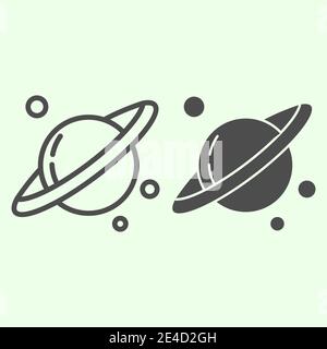 Space and planets line and solid icon. Planet Saturn with solar planetary ring system outline style pictogram on white background. Universe explore Stock Vector