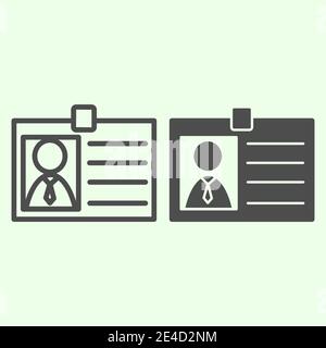 Badge line and solid icon. Personal employee identity card with photo outline style pictogram on white background. Business id badge with avatar for Stock Vector