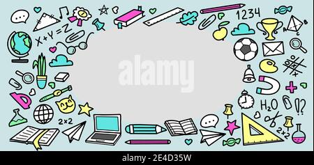 Back to School doodle elements with frame and copy space for text . Vector illustration black line style Stock Vector