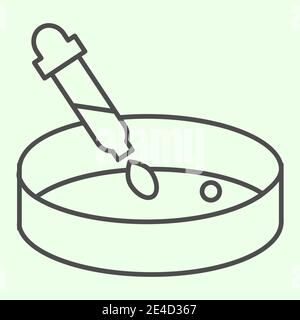Bacteriological experiment thin line icon. Petri dish analysis with pipette outline style pictogram on white background. Biology and chemistry signs Stock Vector