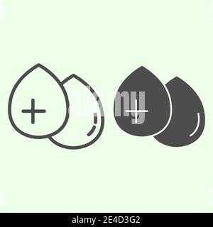 Blood analysis line and solid icon. Donate two blood drops with cross outline style pictogram on white background. Chemistry and Medicine signs for Stock Vector
