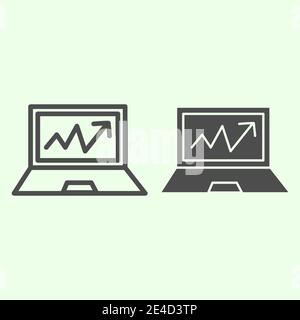 Computer graph line and solid icon. Analytic or statistics chart on monitor screen outline style pictogram on white background. Technology signs for Stock Vector