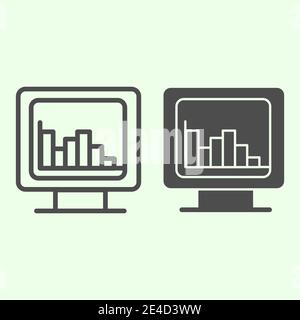 Computer graph line and solid icon. Analytic or statistics chart on monitor screen outline style pictogram on white background. Technology signs for Stock Vector