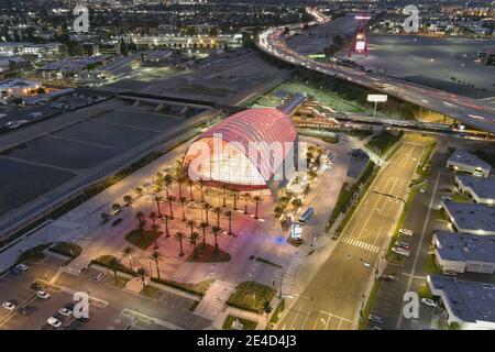 An aerial view of the Anaheim Regional Transportation Intermodal Center aka ARCTIC, Friday, Jan. 22, 2021, in Anaheim, Calif. Stock Photo