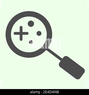 Search tool solid icon. Magnifying glass lens with bacterias result glyph style pictogram on white background. Science and biology signs for mobile Stock Vector