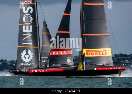 Auckland, New Zealand. 23rd Jan, 2021. INEOS Team UK and Luna Rossa Prada Pirelli Team battle it out in their Round Robin three match of the Prada Cup. Saturday 23th of Jan 2021. Copyright Credit: Chris Cameron/Alamy Live News