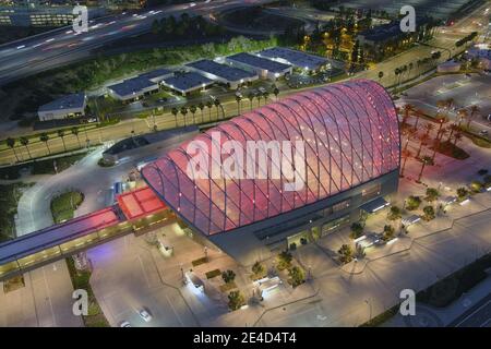 An aerial view of the Anaheim Regional Transportation Intermodal Center aka ARCTIC, Friday, Jan. 22, 2021, in Anaheim, Calif. Stock Photo