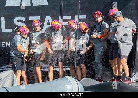 Auckland, New Zealand. 23rd Jan, 2021. INEOS Team UK celebrate on board Britania after winning the Round Robin section of the Prada Cup. Saturday 23th of Jan 2021. Copyright Credit: Chris Cameron/Alamy Live News
