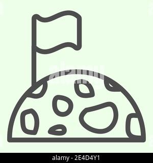 Moon line icon. Moon with surface craters and flag on top outline style pictogram on white background. Universe and astronomy signs for mobile concept Stock Vector