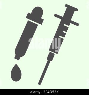 Injection solid icon. Medical syringe for vaccination and pipette glyph style pictogram on white background. Chemistry and biology signs for mobile Stock Vector