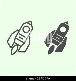 Rocket line and solid icon. Cosmic space ship flying with fire outline style pictogram on white background. Exploration and research signs for mobile Stock Vector