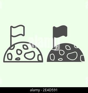 Moon line and solid icon. Moon with surface craters and flag on top outline style pictogram on white background. Universe and astronomy signs for Stock Vector