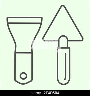 Building spatula thin line icon. Trowel and putty knife or scraper outline style pictogram on white background. Construction and Renovating signs for Stock Vector