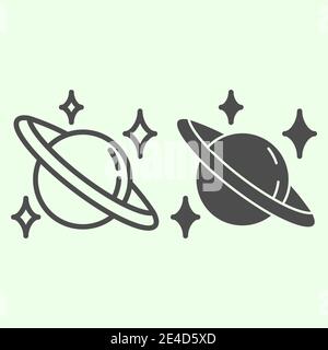 Saturn line and solid icon. Planet with stars in space outline style pictogram on white background. Universe and astronomy signs for mobile concept Stock Vector