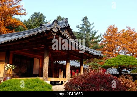 Korean traditional roof eaves with autumn leaves at Bulguksa temple in ...