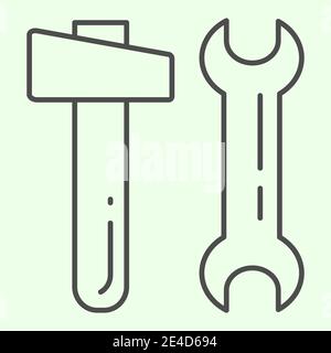 Hammer and wrench thin line icon. Two building tools spanner and knocker outline style pictogram on white background. House repair tool signs for Stock Vector