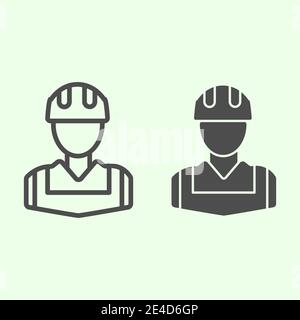 Worker line and solid icon. Construction man with jacket and helmet symbol, outline style pictogram on white background. Home repair vector sign for Stock Vector