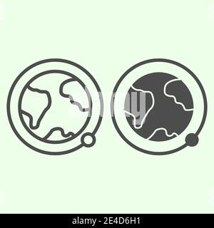 Planet Earth with orbit line and solid icon. Artificial satellites orbiting the planet outline style pictogram on white background. Universe signs for Stock Vector