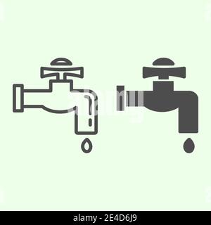 Faucet line and solid icon. Water tap leaking with drop symbol, outline style pictogram on white background. House repair vector sign for web and Stock Vector