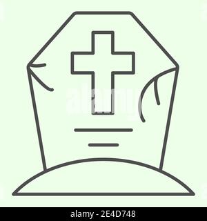 Halloween grave thin line icon. Cemetery with cross outline style pictogram on white background. Creepy tombstone with crack and cross for mobile Stock Vector