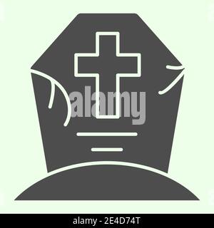 Halloween grave solid icon. Cemetery with cross glyph style pictogram on white background. Creepy tombstone with crack and cross for mobile concept Stock Vector