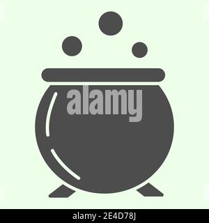 Witch potion solid icon. Witches pot with boiling magic poison glyph style pictogram on white background. Halloween cauldron for mobile concept and Stock Vector