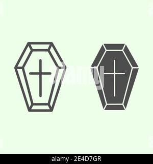 Coffin line and solid icon. Funeral wooden casket with cross outline style pictogram on white background. Halloween death vampire burial coffin for Stock Vector