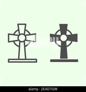 Halloween cemetery cross line and solid icon. Grave with tombstone cross outline style pictogram on white background. Halloween or Witchcraft sign for Stock Vector
