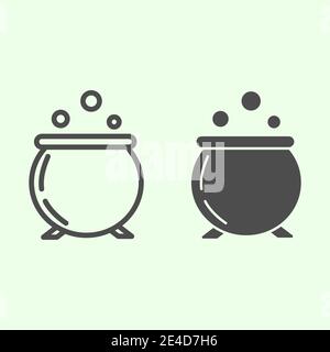 Witch potion line and solid icon. Witches pot with boiling magic poison outline style pictogram on white background. Halloween cauldron for mobile Stock Vector