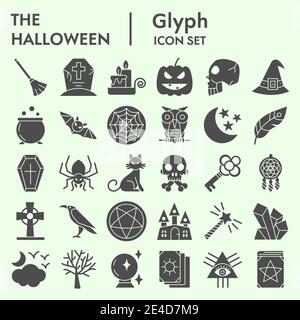 Witchcraft solid icon set, Magic symbols set collection or vector sketches. Halloween signs set for computer web, the glyph pictogram style package Stock Vector