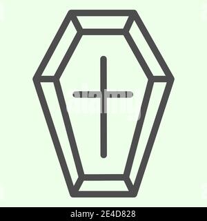 Coffin line icon. Funeral wooden casket with cross outline style pictogram on white background. Halloween death vampire burial coffin for mobile Stock Vector