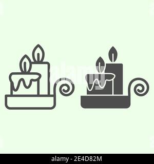 Night candle line and solid icon. Two Burning Candles on candlestick outline style pictogram on white background. Halloween or Witchcraft signs for Stock Vector