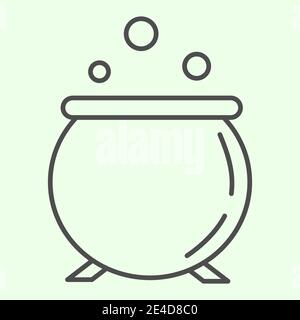 Witch potion thin line icon. Witches pot with boiling magic poison outline style pictogram on white background. Halloween cauldron for mobile concept Stock Vector
