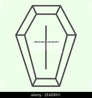 Coffin thin line icon. Funeral wooden casket with cross outline style pictogram on white background. Halloween death vampire burial coffin for mobile Stock Vector