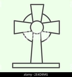 Halloween cemetery cross thin line icon. Grave with tombstone cross outline style pictogram on white background. Halloween or Witchcraft sign for Stock Vector