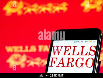 In this photo illustration Wells Fargo logo seen displayed on smart phone Stock Photo