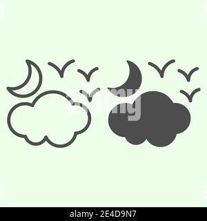 Halloween cloudy night line and solid icon. Half moon with clouds and birds outline style pictogram on white background. Witchcraft and magic signs Stock Vector