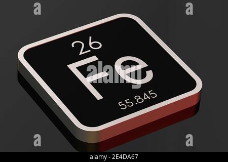 Iron element from periodic table on black square block, 3D rendering Stock Photo
