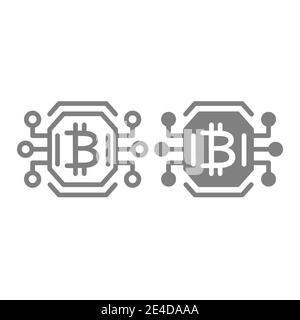 Bitcoin chip line and glyph icon. Video card or gpu processor for farming bitcoin vector illustration isolated on white. Bitcoin sign on processor Stock Vector
