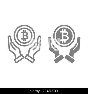 Investments line and glyph icon. Coin in hands vector illustration isolated on white. Bitcoin and hands outline style design, designed for web and app Stock Vector