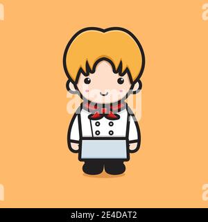 Cute blonde chef character wear white uniform cartoon vector icon illustrationCute boy wear red hat cartoon vector icon illustration. Profession icon Stock Photo