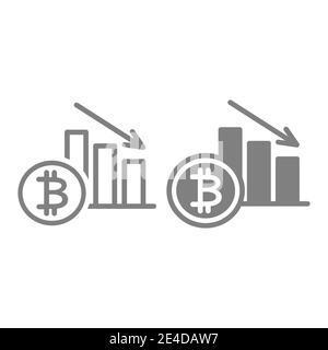 Bitcoin rate decrease line and glyph icon. Cryptocurrency graphic down vector illustration isolated on white. Fall graph outline style design Stock Vector