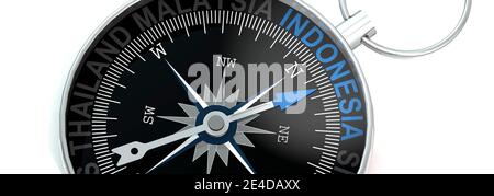 Compass needle pointing to word Indonesia, 3d rendering Stock Photo