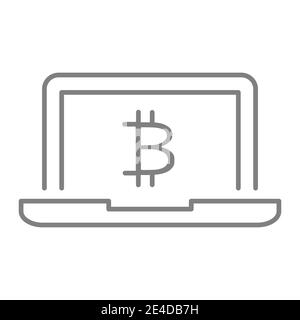 Digital money thin line icon. Laptop and bitcoin vector illustration isolated on white. Bitcoin and notebook outline style design, designed for web Stock Vector