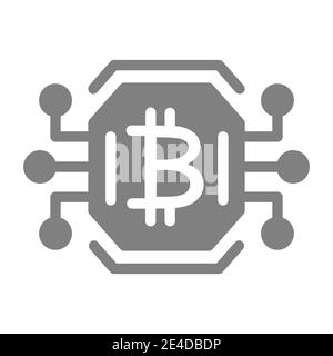 Bitcoin chip solid icon. Video card or gpu processor for farming bitcoin vector illustration isolated on white. Bitcoin sign on processor glyph style Stock Vector